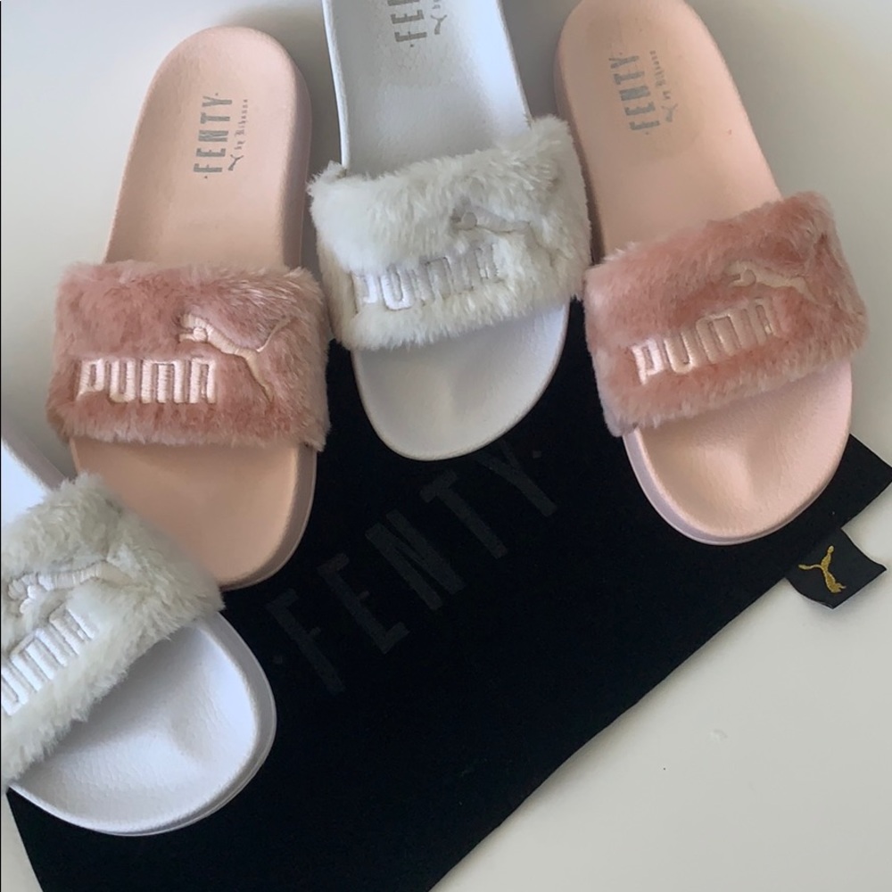 Fenty Puma white fuzzy slides